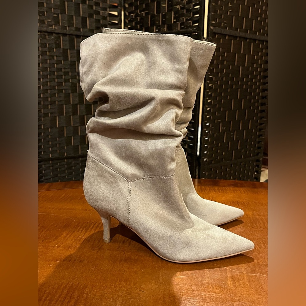 Nine West Slouch Dress Boots. Kitten heel, pointed toe. Faux suede. Grey. 8.5 - Picture 2 of 7